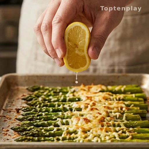 Fresh lemon juice squeezed over cheesy baked asparagus before serving