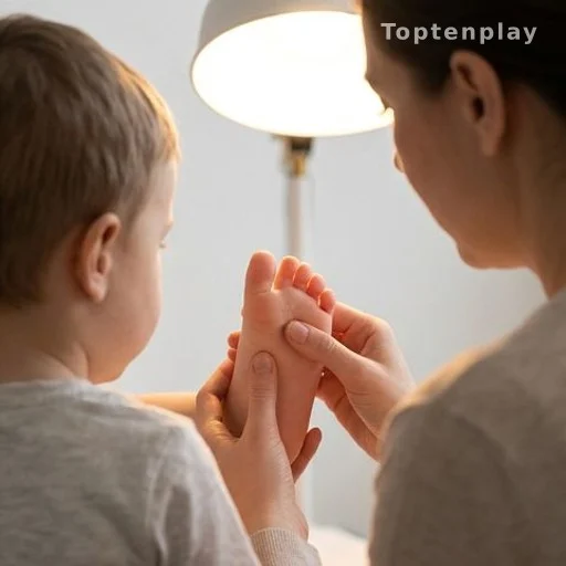 Parent examining child's foot sole to identify plantar wart or callus