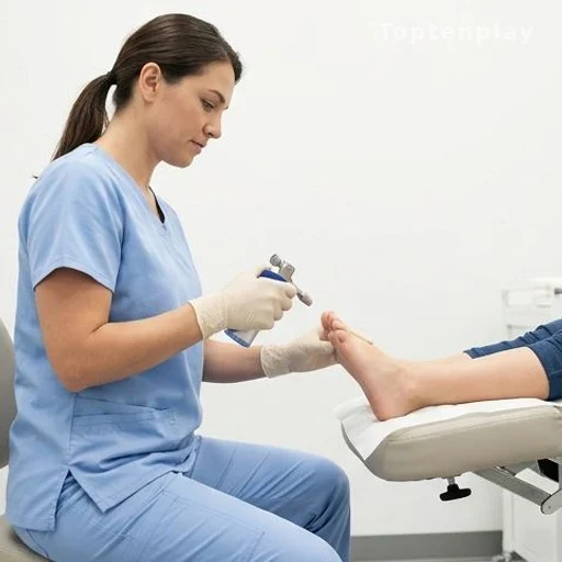 Podiatrist performing cryotherapy treatment on a patient's foot for plantar wart removal