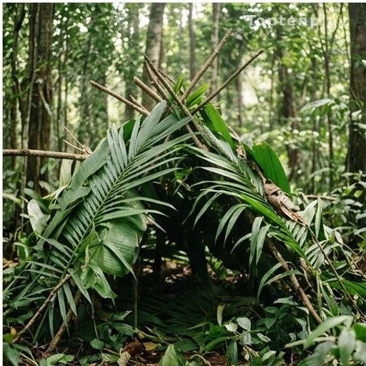 Jungle survival shelter built from leaves and branches in dense forest