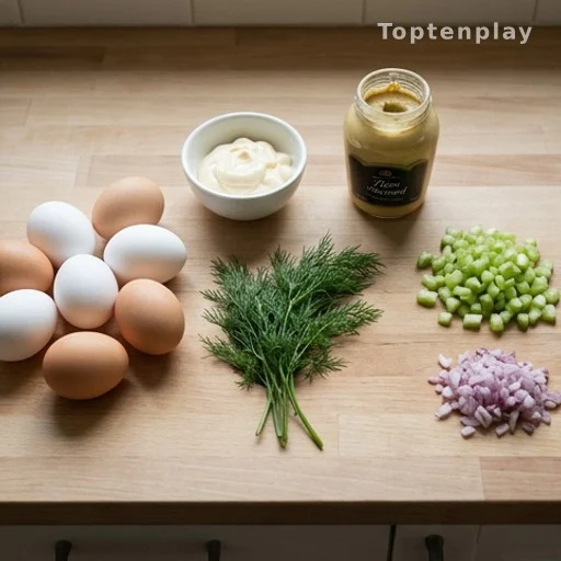 Egg salad ingredients laid out on a wooden counter including eggs, mayonnaise, and fresh herbs