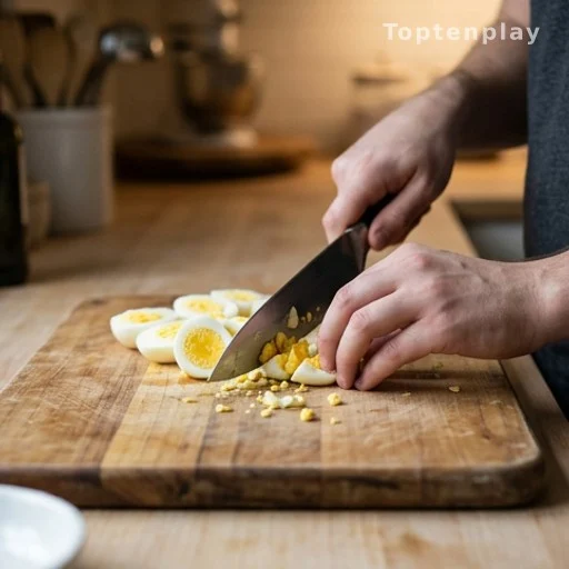 Hands chopping hard-boiled eggs on a cutting board for egg salad preparation