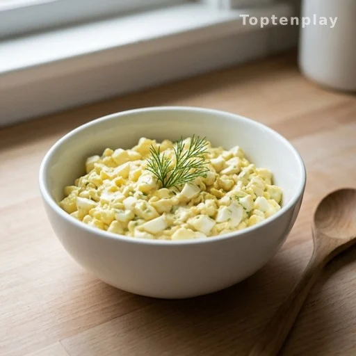 Bowl of freshly mixed egg salad with dill garnish and wooden spoon