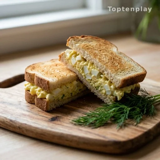 Egg salad sandwich on toasted bread with fresh dill on a wooden board