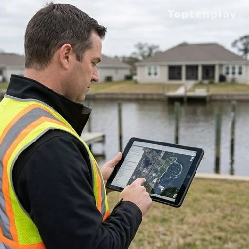 Insurance professional reviewing flood risk satellite data near waterfront homes