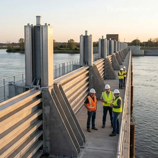Engineers inspecting flood protection infrastructure along a river