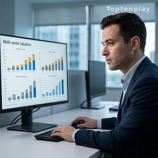 Financial analyst reviewing climate scenario valuation data on office monitor