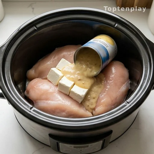 Raw chicken breasts topped with cubed cream cheese and condensed soup in a slow cooker