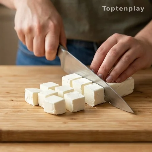 Full-fat cream cheese being cubed on a cutting board for a gluten-free slow cooker meal