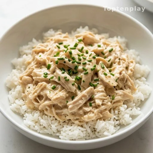Shredded cream cheese chicken served over rice with chives, budget meal prep dish