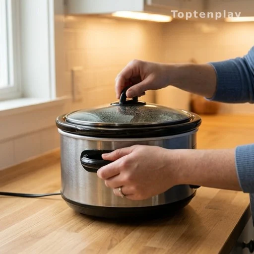 Hands closing a slow cooker lid for an easy weeknight chicken dinner