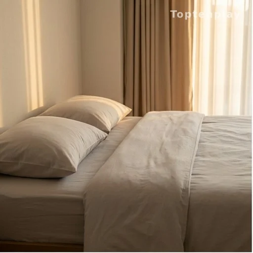 Bedroom with pillow on left side illustrating recommended sleep position for health conditions