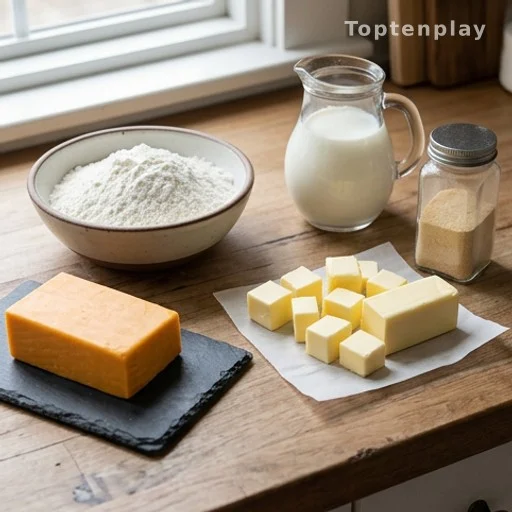 Flat lay of cheddar biscuit ingredients including flour, butter cubes, and sharp cheddar cheese