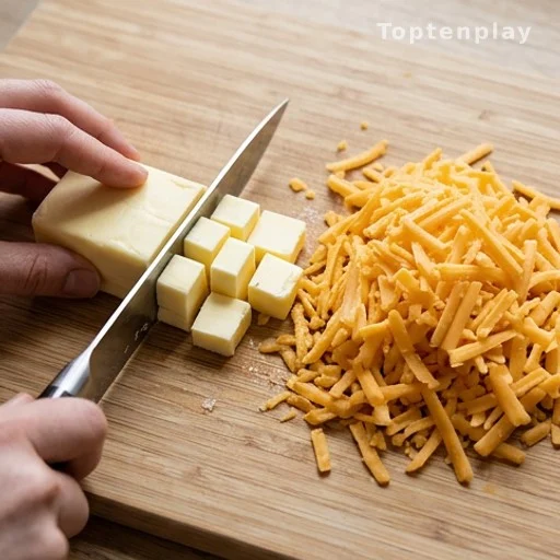 Cold butter cubes and freshly hand-shredded sharp cheddar cheese for homemade biscuits