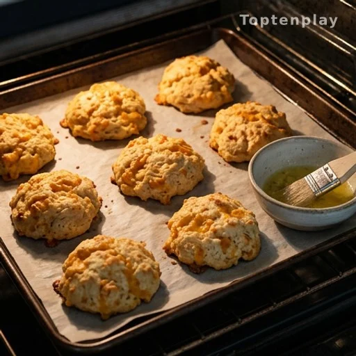 Golden cheddar biscuits on a baking sheet being brushed with garlic herb butter after baking