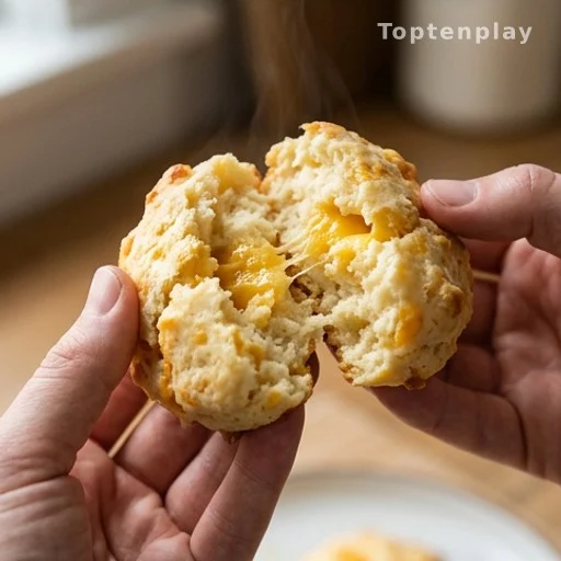 Split cheddar biscuit showing fluffy interior and melted cheese, budget-friendly home baking