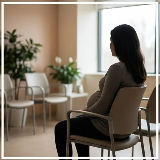 Pregnant woman in a medical waiting room, illustrating prenatal health monitoring