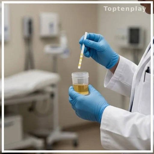 Medical professional performing a urine protein test in a clinical setting