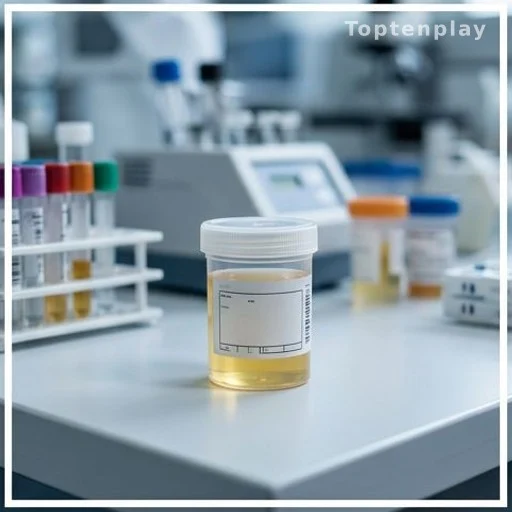 Labeled urine sample on a laboratory bench for protein level analysis