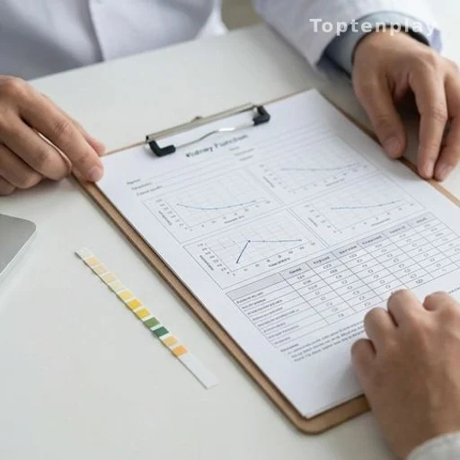 Urine test strip and kidney function chart used to diagnose proteinuria in high-risk patients