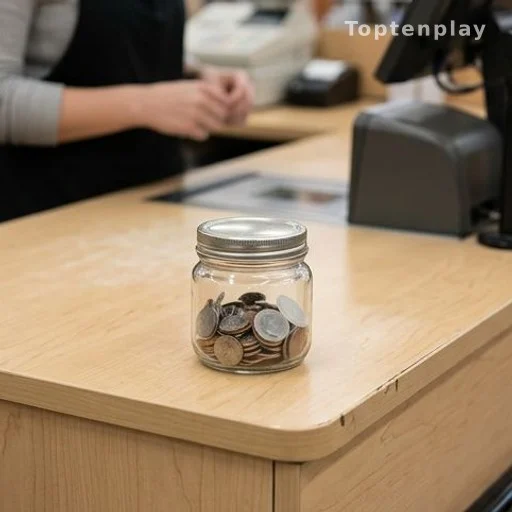 Small jar of coins and cart tokens on a grocery store checkout counter