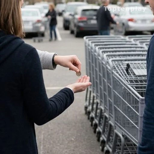 Two shoppers exchanging a coin near a row of grocery carts in a parking lot