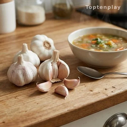 Fresh garlic cloves and bulbs next to a bowl of homemade vegetable soup
