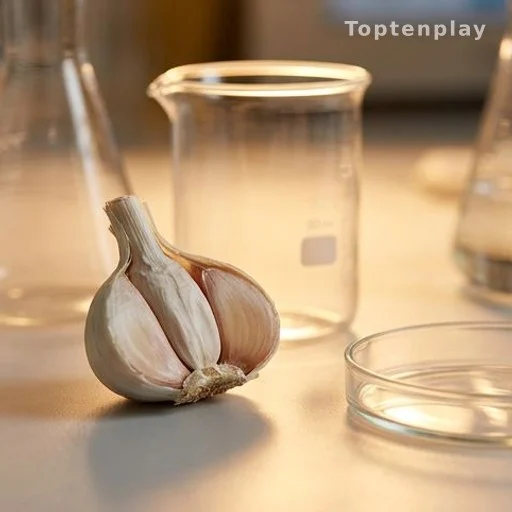 Garlic clove on a research bench beside laboratory glassware