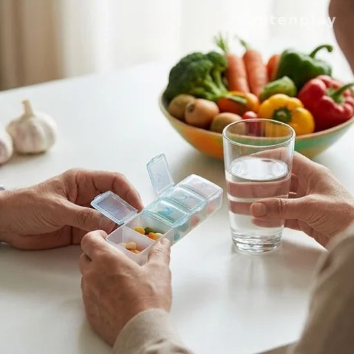 Patient holding medication organizer beside a glass of water and vegetables