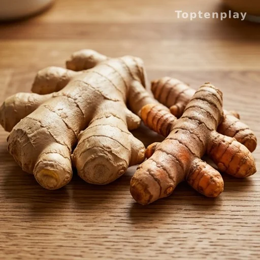 Fresh ginger and turmeric roots on a wooden surface, natural anti-inflammatory ingredients