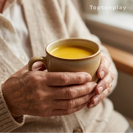 Elderly hands holding a warm mug of golden anti-inflammatory ginger turmeric tonic