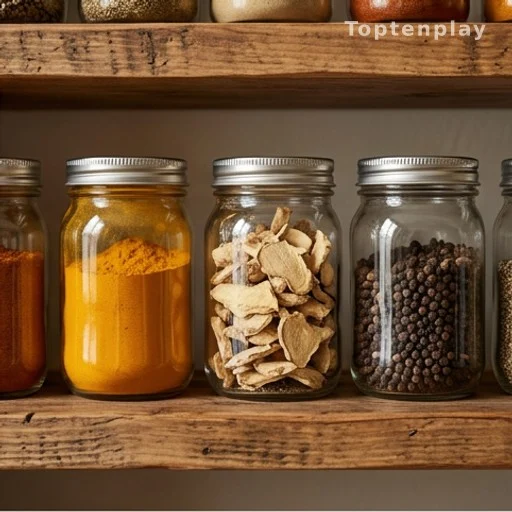 Kitchen jars of turmeric ginger and black pepper for natural joint pain and inflammation relief