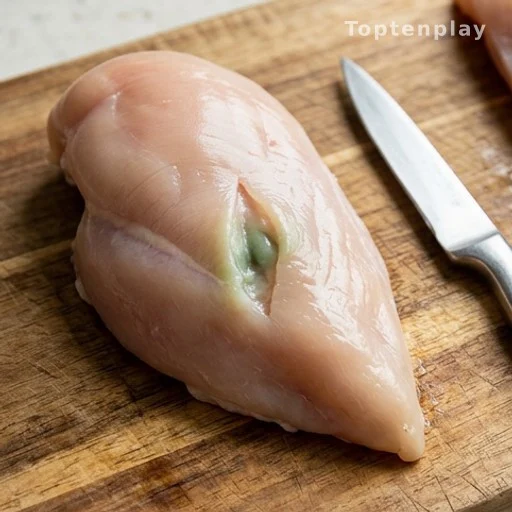 Raw chicken breast with green muscle disease discoloration on cutting board