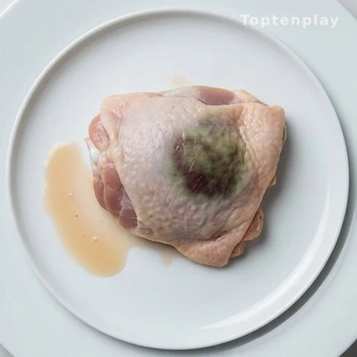 Bruised chicken meat with greenish discoloration from blood pooling during processing