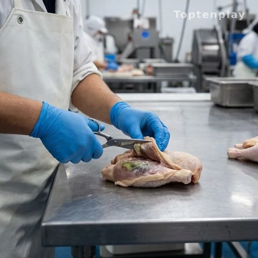 Food processing worker trimming raw poultry to remove bile-stained area