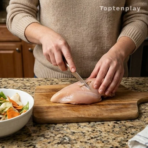 Home cook inspecting raw chicken breast for food safety before cooking