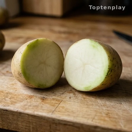 Raw potato cut in half revealing green tint under skin, food safety concern