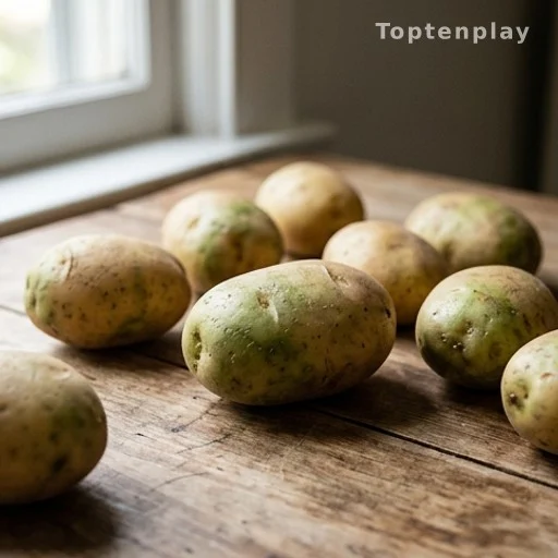 Potatoes with green patches on wooden surface illustrating solanine food safety risk