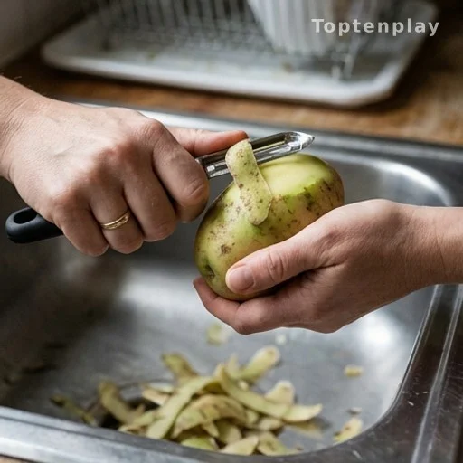 Hands peeling green-tinged potato skin with vegetable peeler, food safety practice