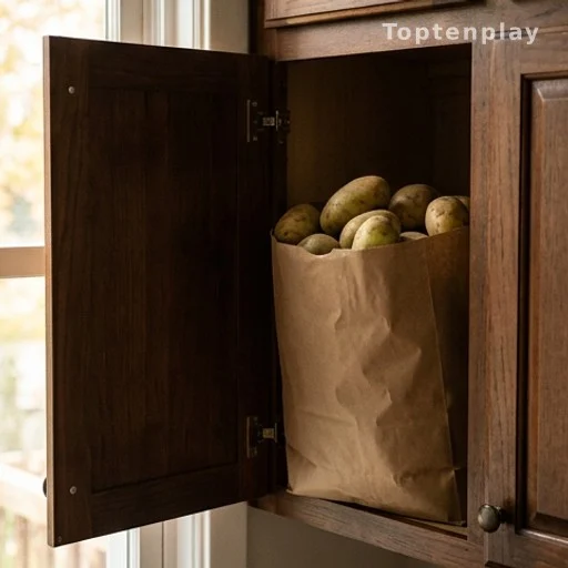 Paper bag of potatoes stored in dark cupboard to prevent greening and solanine production