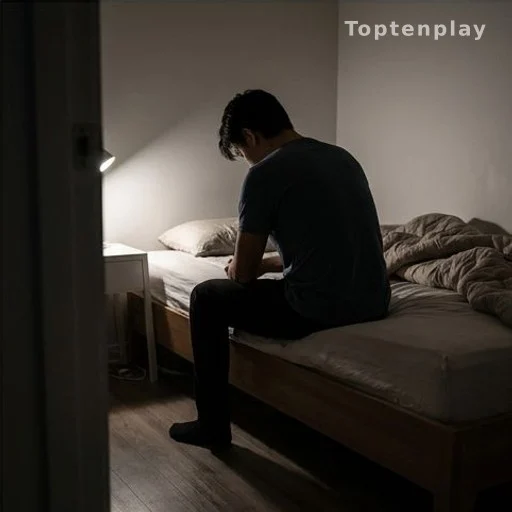 Young person sitting alone on a bed at night, seen from behind