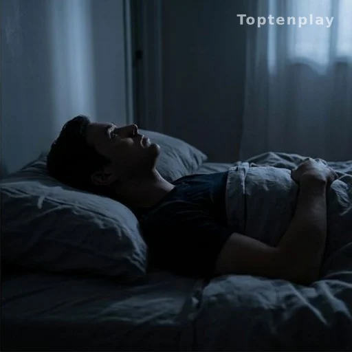 Person lying awake at night unable to sleep, seen from the side