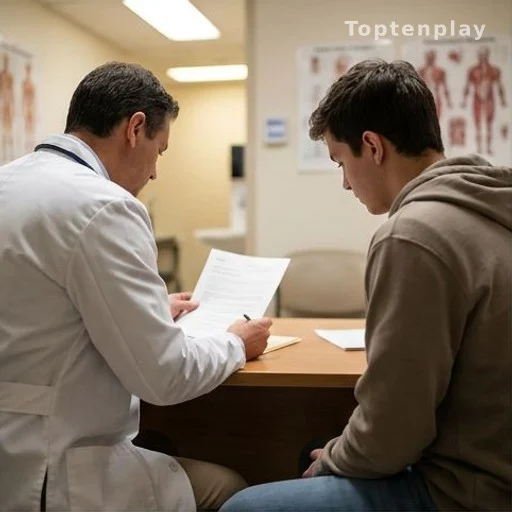 Doctor and young patient during a medical consultation, seen from behind