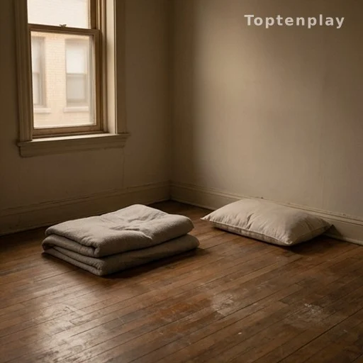 Empty apartment interior with blankets on floor, no furniture, domestic hardship