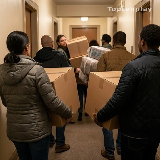 People carrying donated furniture into an apartment building to help a family in need