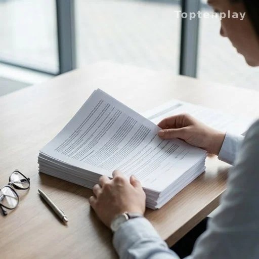 Corporate risk analyst reviewing insurance policy documents at a desk