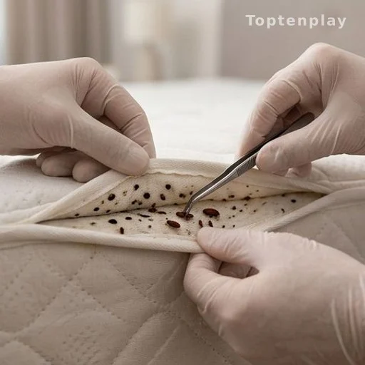 Gloved hands inspecting mattress seam for bed bug signs
