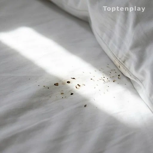 White bed sheet with dark spots and pale specks near mattress seam