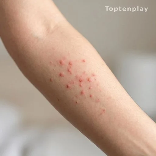 Forearm with clusters of small red itchy bumps consistent with insect bites