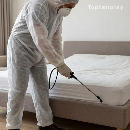 Pest control technician treating bed frame and mattress area in a bedroom